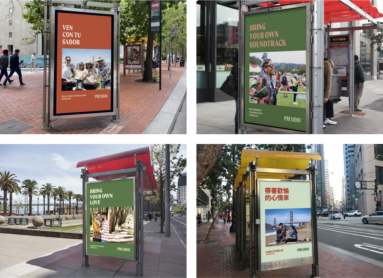 Four bus stop billboard designs.