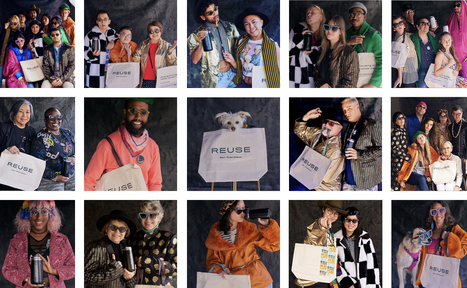 A collage of pictures of people dressed up in costumes holding Reuse-branded products.